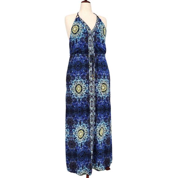 Red Carter Women Blue Mandala Printed Halter Swimwear Cover-Up Maxi Dress Size L - Picture 3 of 10